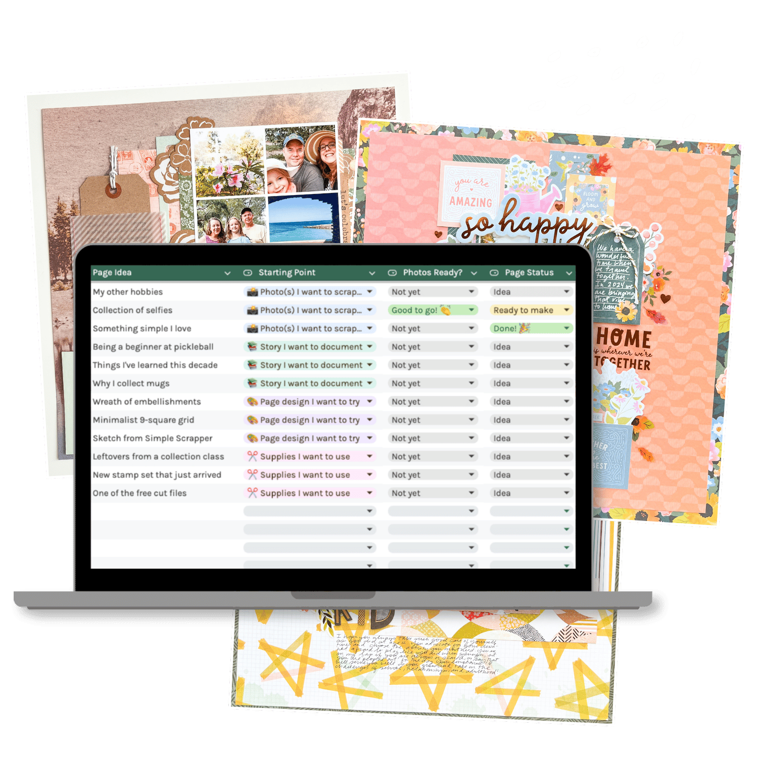 Screenshot of the Google Sheets page tracker on a computer screen with some scrapbook layout examples behind it.